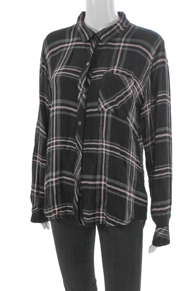 Rails Womens Basic Button-Up Black Plaid Collared Long Sleeve Size L