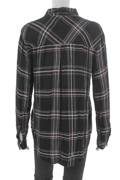 Rails Womens Basic Button-Up Black Plaid Collared Long Sleeve Size L