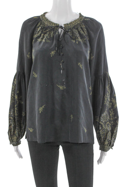 Go Silk Womens Silk Floral Tunic Blouse Black Long Sleeve Button Size S