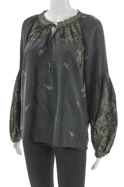 Go Silk Womens Silk Floral Tunic Blouse Black Long Sleeve Button Size S