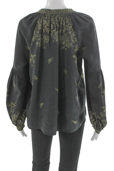 Go Silk Womens Silk Floral Tunic Blouse Black Long Sleeve Button Size S