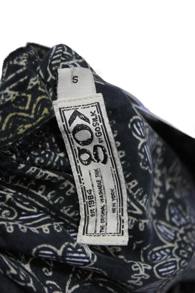 Go Silk Womens Silk Floral Tunic Blouse Black Long Sleeve Button Size S