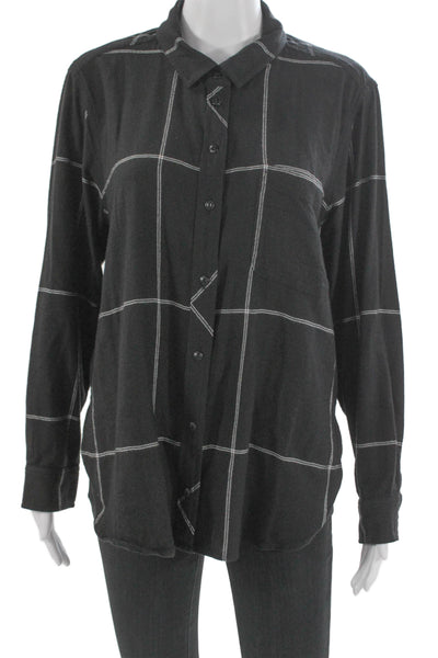 Athleta Women Black Plaid Cotton Collared Button-Up Long Sleeve Petite Size L