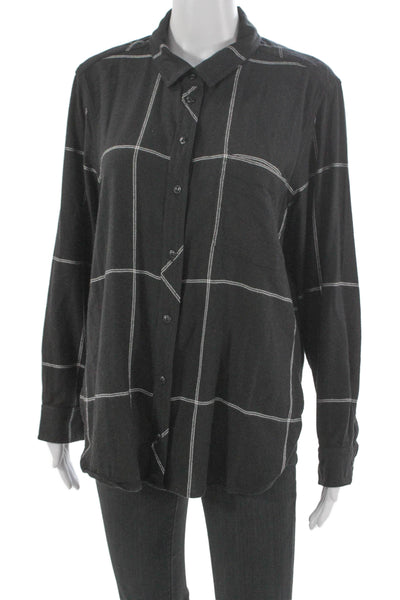 Athleta Women Black Plaid Cotton Collared Button-Up Long Sleeve Petite Size L