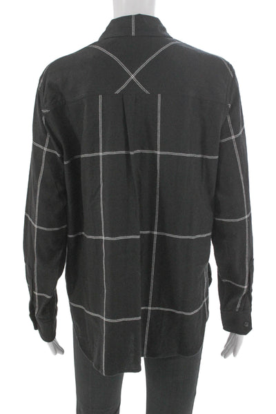 Athleta Women Black Plaid Cotton Collared Button-Up Long Sleeve Petite Size L