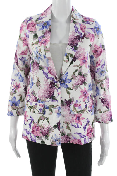 Cami NYC Women Blazer Multicolor Linen Floral 3/4 Sleeve Button Size 2XS