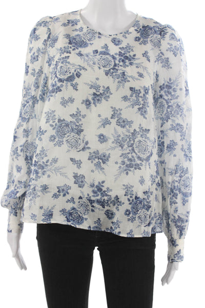 Cami NYC Women White Floral Round Neck Long Sleeve Blouse Button Size XS