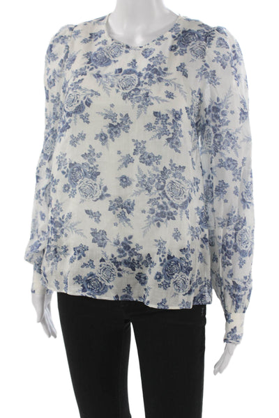 Cami NYC Women White Floral Round Neck Long Sleeve Blouse Button Size XS