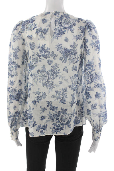 Cami NYC Women White Floral Round Neck Long Sleeve Blouse Button Size XS