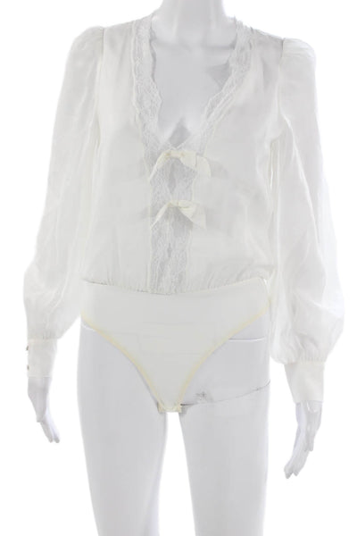 Cami NYC Womens Silk V Neck Long Sleeve One Piece Bodysuit White Size 2XS