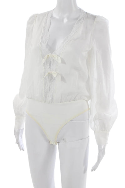 Cami NYC Womens Silk V Neck Long Sleeve One Piece Bodysuit White Size 2XS