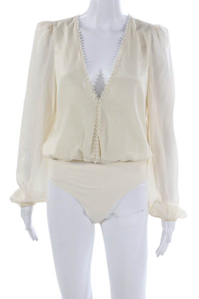 Cami NYC Womens Silk V Neck One Piece Bodysuit Ivory Long Sleeve Size S