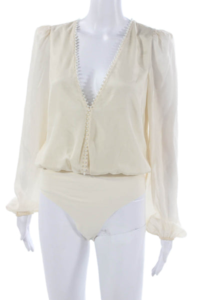 Cami NYC Womens Silk V Neck One Piece Bodysuit Ivory Long Sleeve Size S