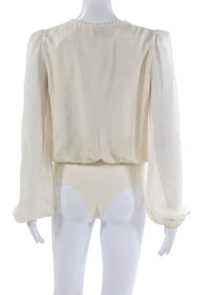 Cami NYC Womens Silk V Neck One Piece Bodysuit Ivory Long Sleeve Size S