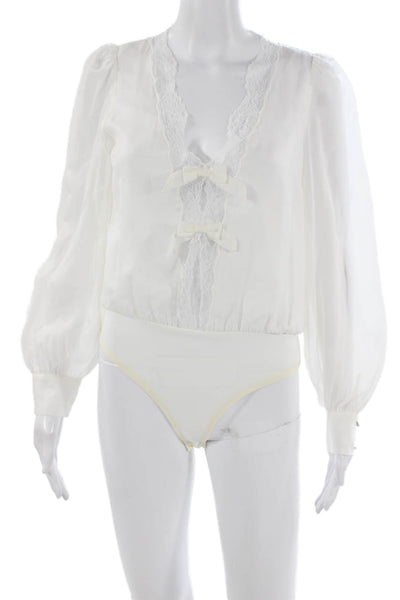 Cami NYC Womens White Silk V Neck One Piece Bodysuit Long Sleeve Size XS