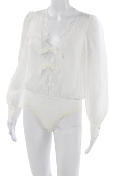 Cami NYC Womens White Silk V Neck One Piece Bodysuit Long Sleeve Size XS