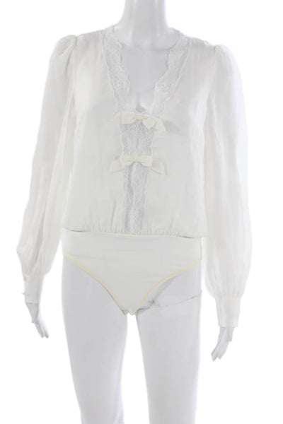 Cami NYC Women Silk White V Neck Long Sleeve One Piece Bodysuit Size S