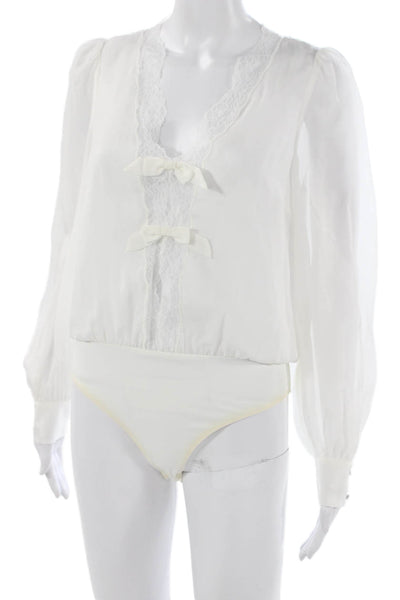 Cami NYC Women Silk White V Neck Long Sleeve One Piece Bodysuit Size S