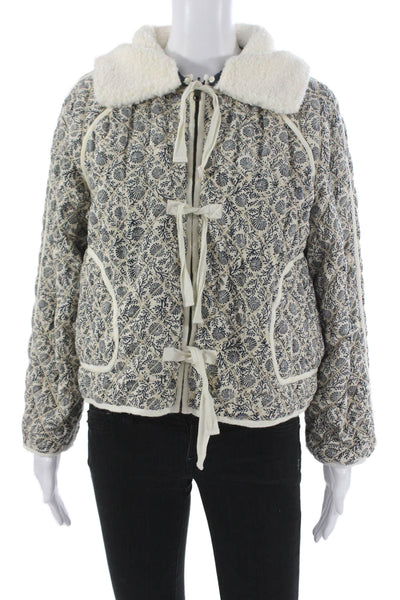 The Great Women Quilted Jacket Beige Cotton Floral Button Long Sleeve Size 1