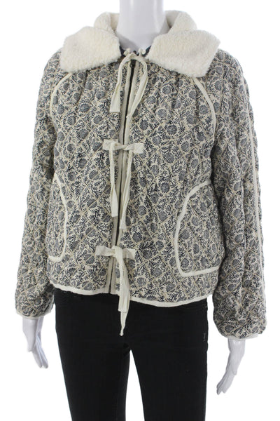 The Great Women Quilted Jacket Beige Cotton Floral Button Long Sleeve Size 1