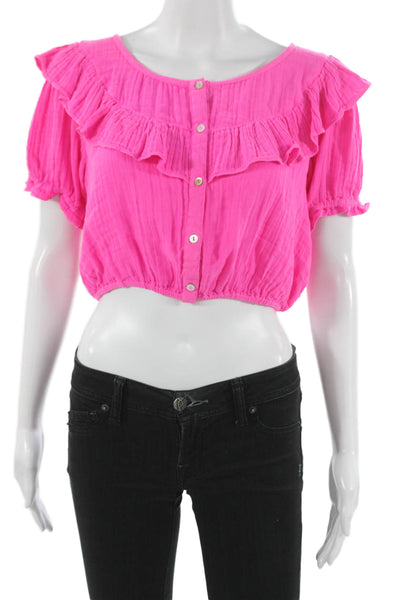 Love Shack Fancy Women Cropped Pink Cotton Blouse Short Sleeve Size S