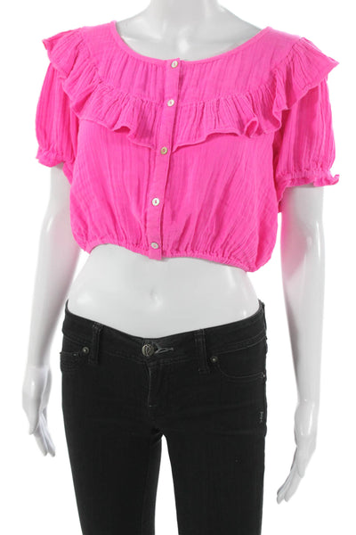 Love Shack Fancy Women Cropped Pink Cotton Blouse Short Sleeve Size S
