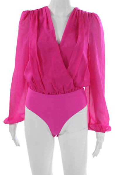 Cami NYC Womens Pink Silk V Neck One Piece Bodysuit Long Sleeve Size 2XS