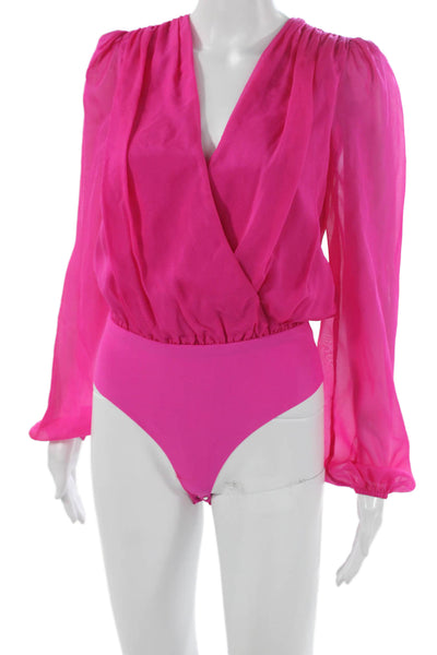 Cami NYC Womens Pink Silk V Neck One Piece Bodysuit Long Sleeve Size 2XS