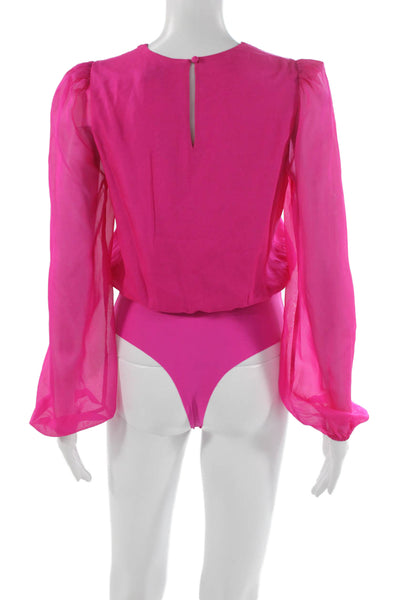 Cami NYC Womens Pink Silk V Neck One Piece Bodysuit Long Sleeve Size 2XS