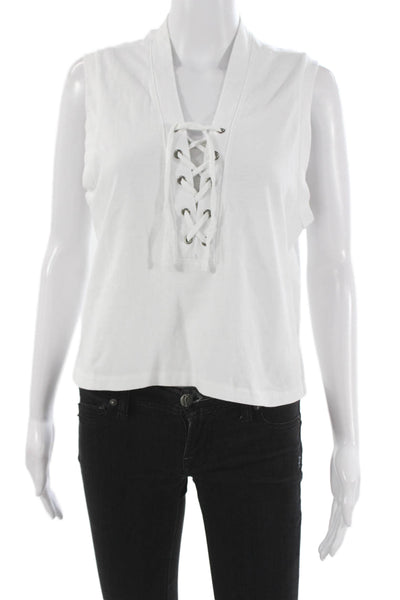 Amo Womens Basic Lace Up V-Neck Tank White 100% Cotton Sleeveless Size M