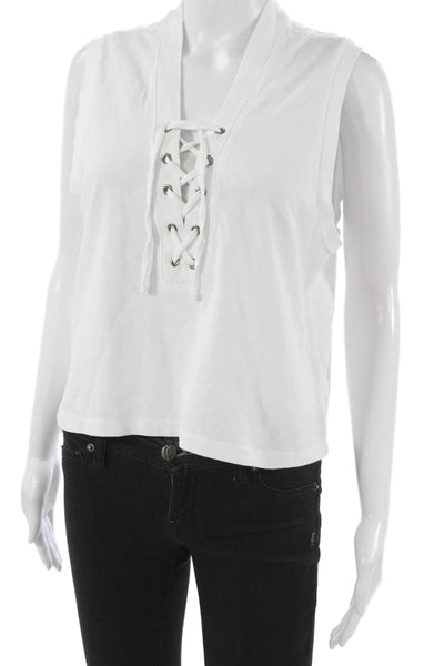 Amo Womens Basic Lace Up V-Neck Tank White 100% Cotton Sleeveless Size M