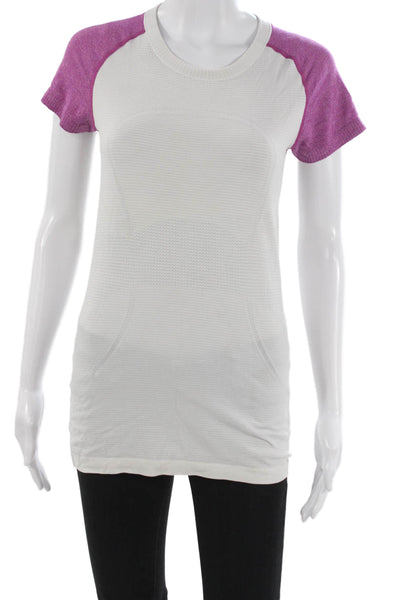 Lululemon Women White Striped Viscose Basic T-Shirt Short Sleeve Size S