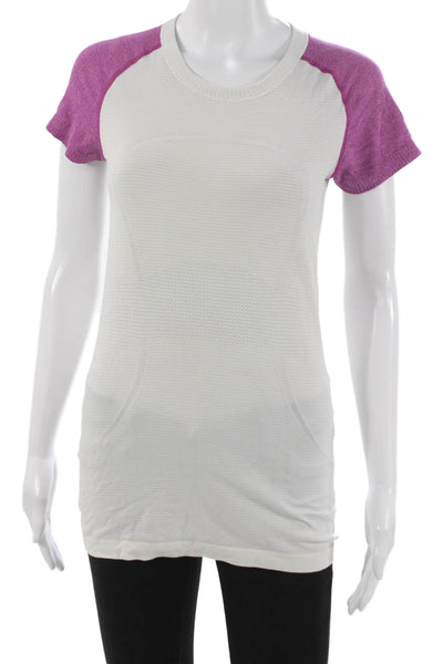Lululemon Women White Striped Viscose Basic T-Shirt Short Sleeve Size S