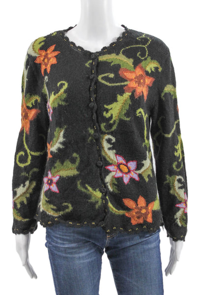 Leo Peressi Womens Black Alpaca Floral Cardigan Round Neck Size S