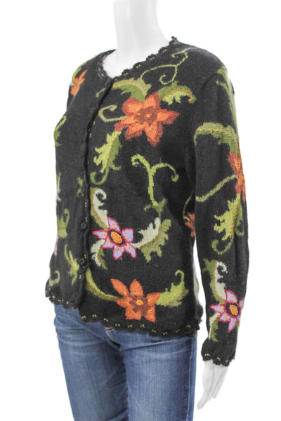 Leo Peressi Womens Black Alpaca Floral Cardigan Round Neck Size S