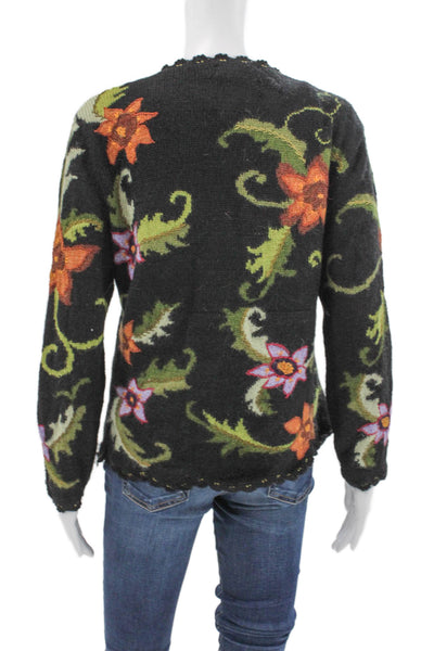 Leo Peressi Womens Black Alpaca Floral Cardigan Round Neck Size S