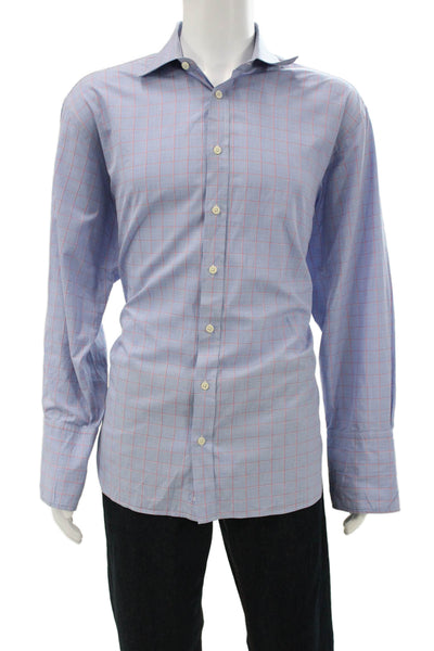 Charles Tyrwhitt Men Blue Plaid Cotton Dress Shirt Std Cuff Size 17.5