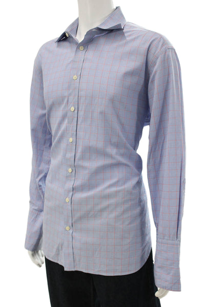 Charles Tyrwhitt Men Blue Plaid Cotton Dress Shirt Std Cuff Size 17.5