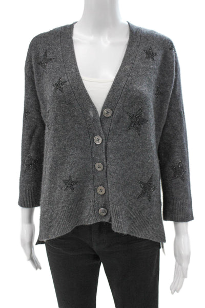 Zadig & Voltaire Women Cashmere Star V-Neck Cardigan Gray 3/4 Sleeve Size XS