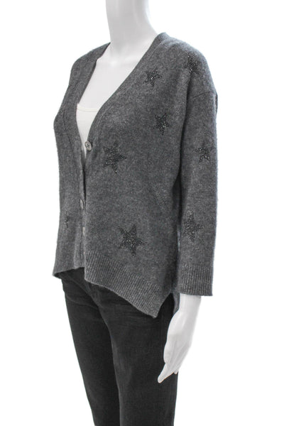 Zadig & Voltaire Women Cashmere Star V-Neck Cardigan Gray 3/4 Sleeve Size XS