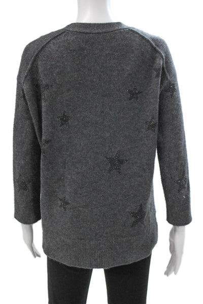 Zadig & Voltaire Women Cashmere Star V-Neck Cardigan Gray 3/4 Sleeve Size XS