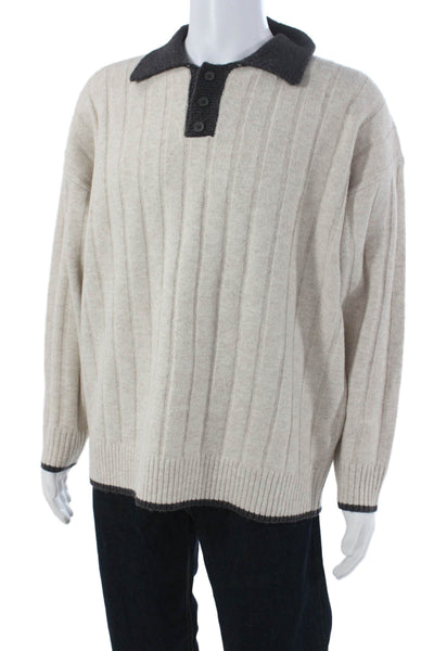 Hemi Blurr Mens Wool Collared Pullover Sweater Beige Long Sleeve Size S