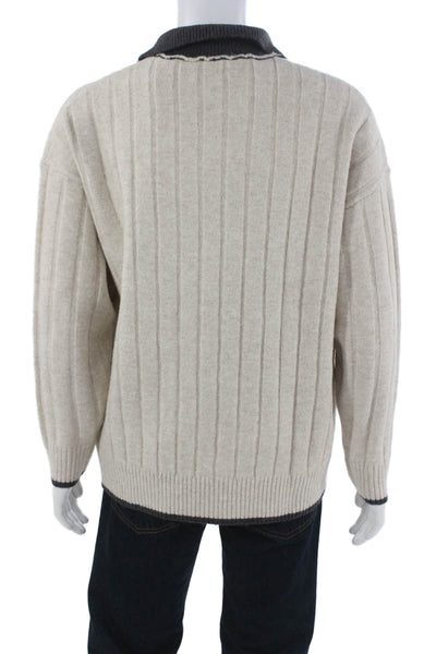 Hemi Blurr Mens Wool Collared Pullover Sweater Beige Long Sleeve Size S