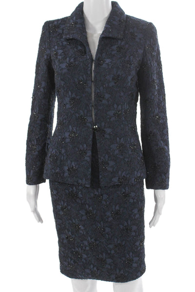 Carmen Marc Valvo Collection Womens Lace Beaded Skirt Suit Navy Blue Size 6