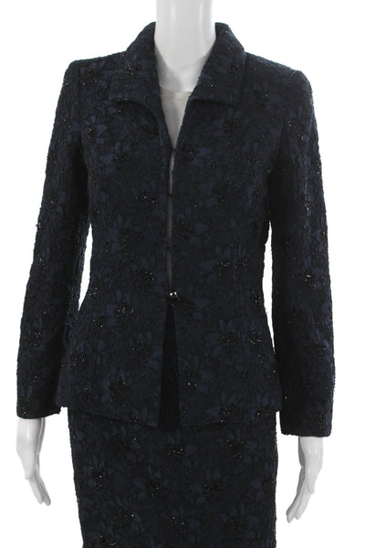 Carmen Marc Valvo Collection Womens Lace Beaded Skirt Suit Navy Blue Size 6