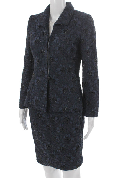 Carmen Marc Valvo Collection Womens Lace Beaded Skirt Suit Navy Blue Size 6