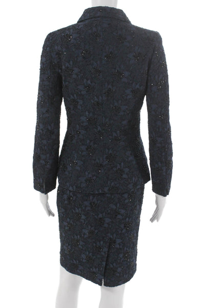 Carmen Marc Valvo Collection Womens Lace Beaded Skirt Suit Navy Blue Size 6