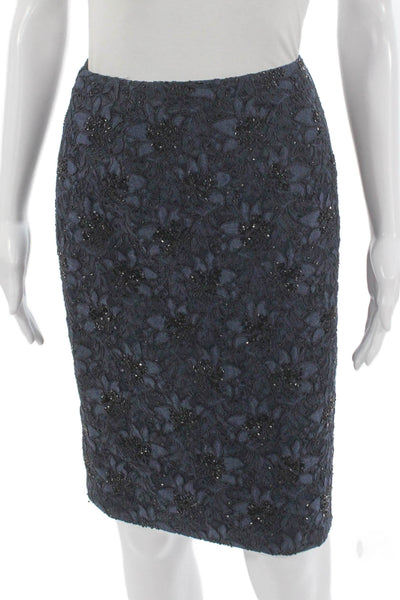 Carmen Marc Valvo Collection Womens Lace Beaded Skirt Suit Navy Blue Size 6