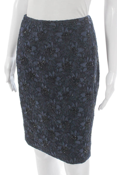 Carmen Marc Valvo Collection Womens Lace Beaded Skirt Suit Navy Blue Size 6