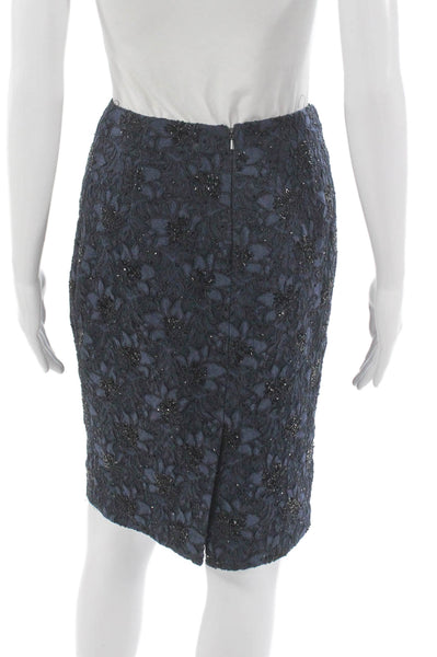 Carmen Marc Valvo Collection Womens Lace Beaded Skirt Suit Navy Blue Size 6